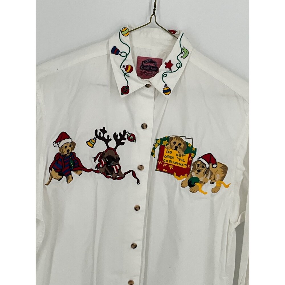 Holiday Button-Up Large Women's Shirt‎ With Dog & Reindeer Embroidered Design By